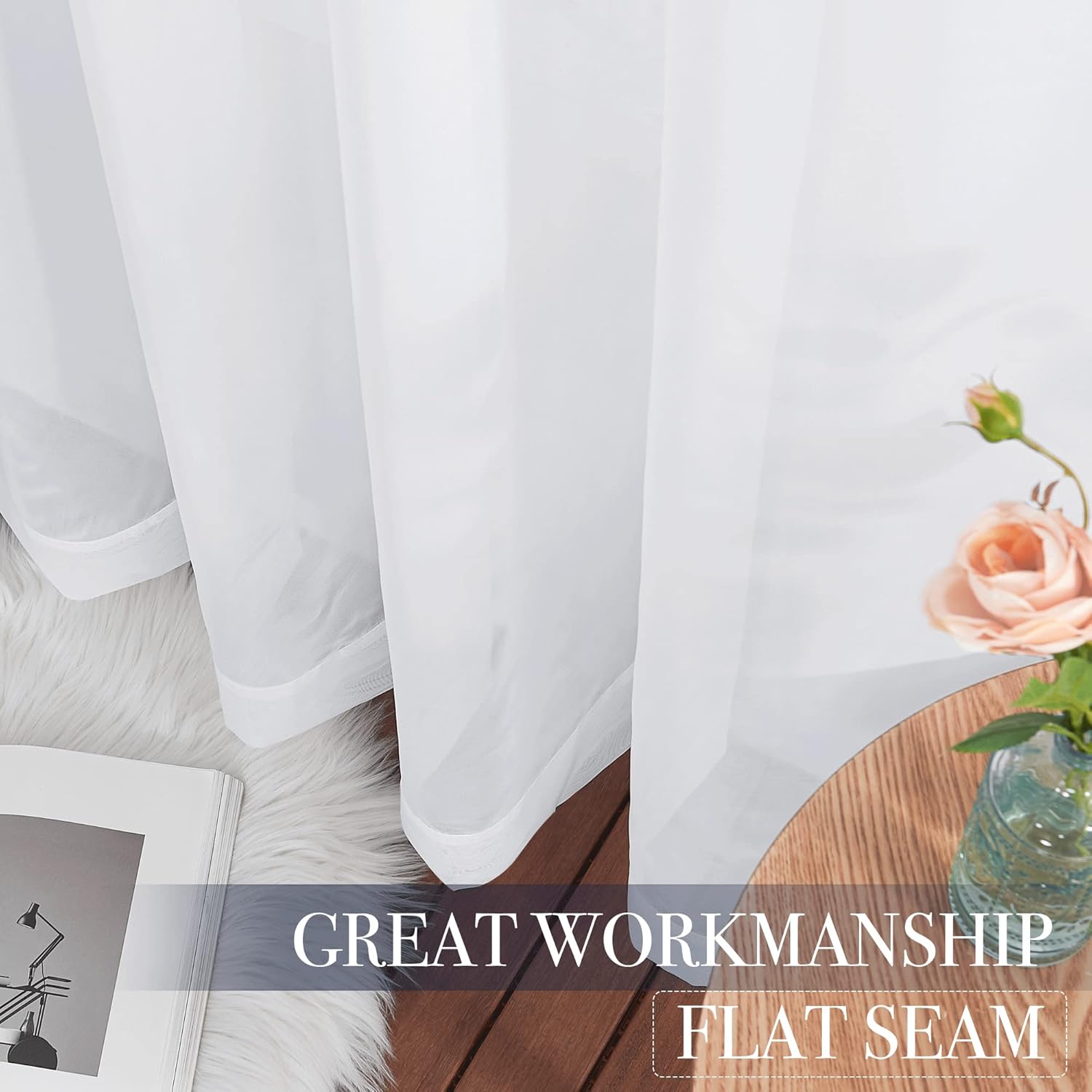 NICETOWN White Sheer Curtains 63 inch Length for Bedroom, Rod Pocket Translucent Voile Sheer Airy & Breathable Curtain Panels for Flat/Apartment, 2 Pieces, 60 W